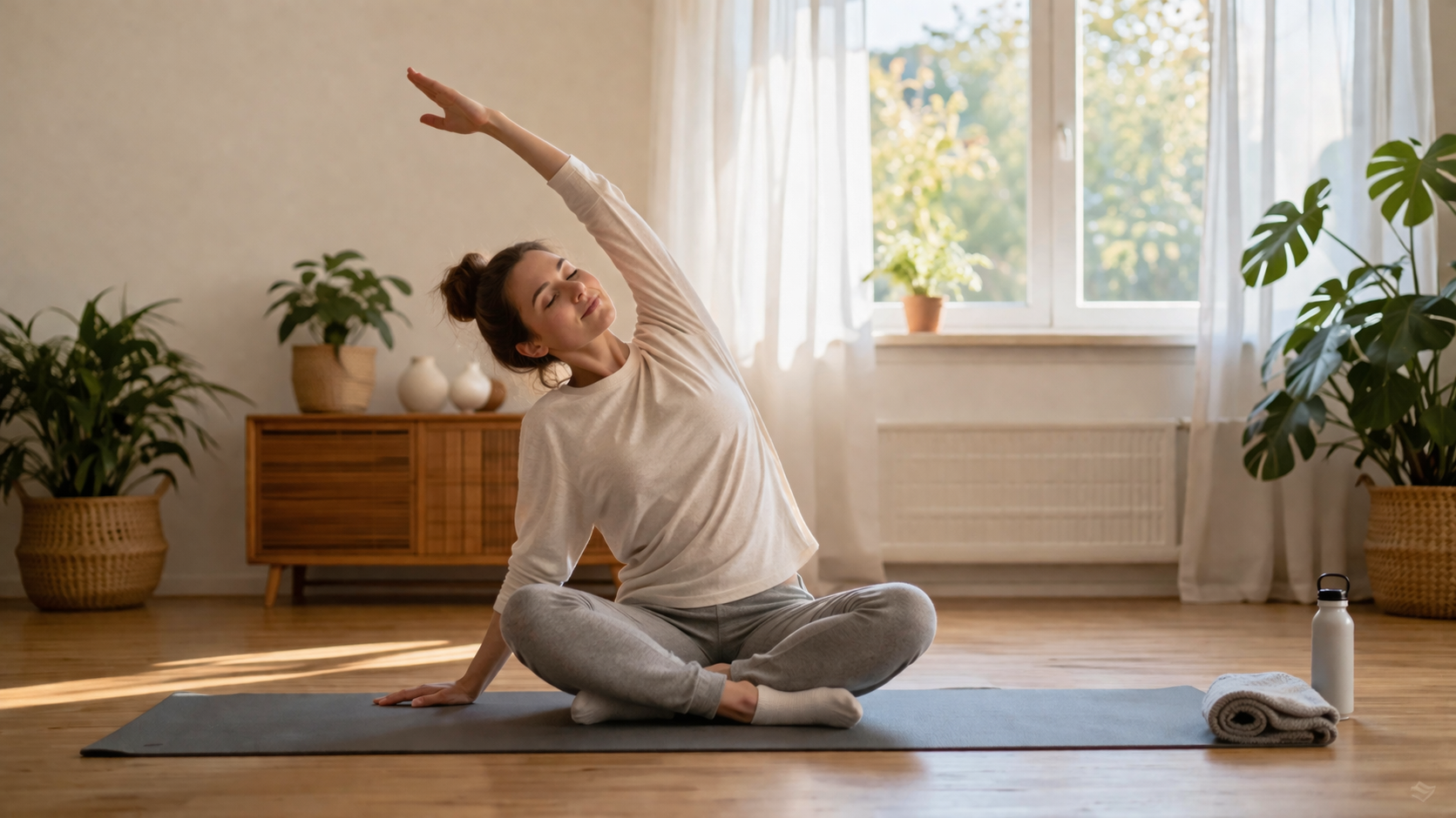 peaceful morning stretching routine at home with natural light, person in comfortable clothing doing gentle yoga poses on a mat in a minimalist room with plants