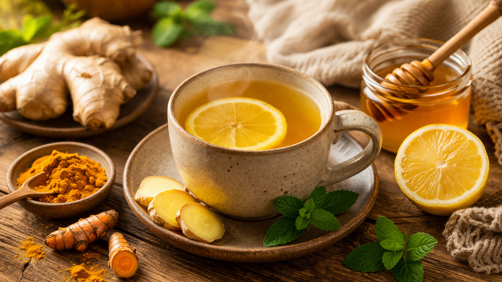 herbal tea with ginger and turmeric in a ceramic cup on a wooden table with natural ingredients like lemon and honey nearby, warm cozy atmosphere